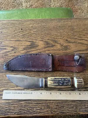 OLD VINTAGE ANTIQUE MARBLES STAG ON STAG WOODCRAFT HUNTING KNIFE No Pins • $325