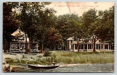 Montague Michigan~White Lake Hazelwood Resort~Guests On Porch~Boats~1911 • $10