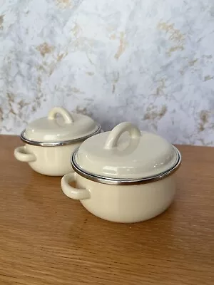 Set Of 2 Megaware Enamel Pots With Lids Cream .45 L. Made In Spain • $30