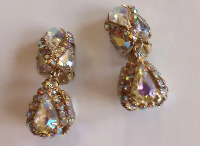 Vintage Weiss Earrings Clip On  Dangle Aurora Borealis  Gold Tone 1940-1950's • $39.22