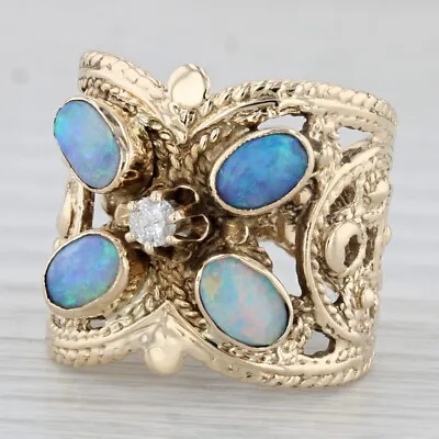 Vintage Ornate Opal Diamond Ring 14k Yellow Gold Butterfly Size 6.75 Cocktail • $699.99