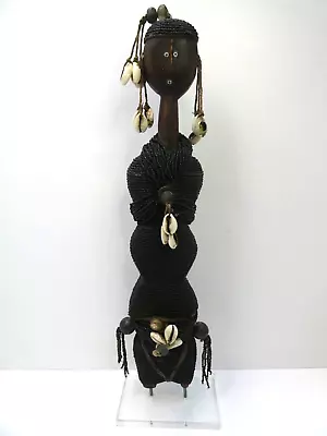 Early African Namji Carved Timber Statue Fertility Idol Black Beads Shells • $395