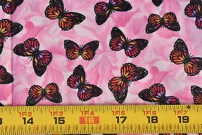 By 1/2 Yd Monarch Butterflies On Pink Quilt Cotton Peter Pan/ Flyaway  P6856 • $5