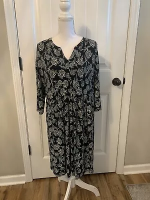 J.Jill Navy Floral Split Neck Oversized 3/4 Sleeve Knit Dress Sz M • $23