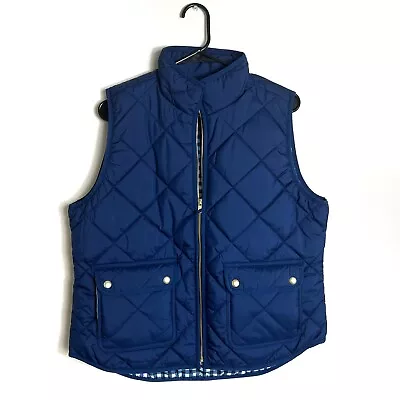 J. Crew Puffer Vest With Snap Pockets Navy Blue Check Gingham Lined Women Large • $29.95