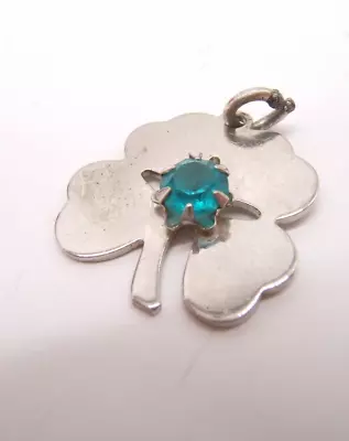 Vintage Wells Sterling Silver Charm Shamrock Clover Center Blue Stone • $12