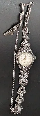 SILVER & MARCASITE VINTAGE WRISTBAND WATCH 1930-40s WORKING • $222.22