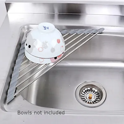 Over-The-Sink Silicone Stainless Steel Roll-up/Folding Dish Drying Rack Triangle • $17.99