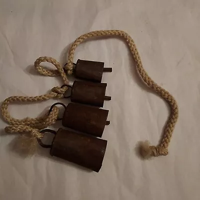 Vintage Antique Handmade Metal Cow Bells On Rope Primitive Rustic Farmhouse • $75