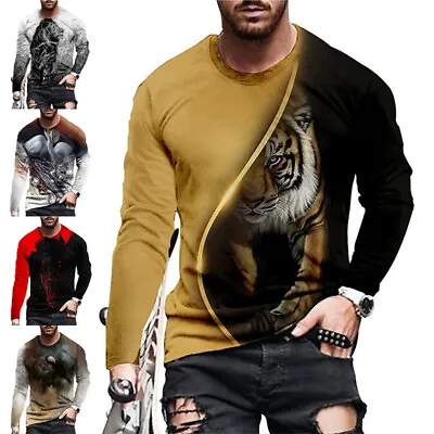 Mens Long Sleeve Animals 3D Print T Shirt Slim Crew Neck Tops Casual Tunic Tee • £10.54