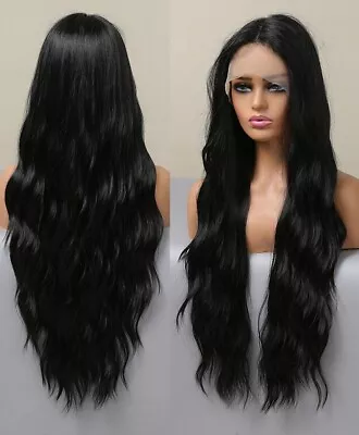 T Lace Front Wig Heat Resistant Synthetic Hair Natural Black Long Wavy Fashion • $26.99