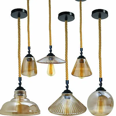 Hemp Rope Pendant Ceiling Light Amber Glass Lamp Shade Fitting E27 Retro Lights • £20.23