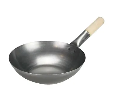 Carbon Steel Wok Deep Chinese Asian Cooking Wooden Handle Stir Fry Pan Flat Base • £18.99