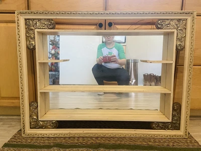 $100 • Buy Vintage Mid Century Shadowbox Mirrored Shelf White & Gold 38” Wall Curio MCM