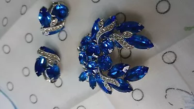 Vintage Eisenberg Ice Cornflower Blue Rhinestone Brooch Earring Set Amazing! • $164