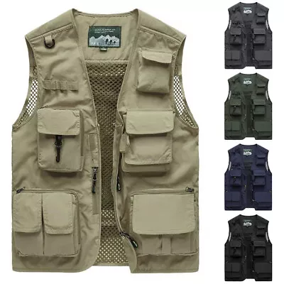 Mens Cargo Multi Pocket Vest Utility Waistcoat Fishing Hiking Safari Gilet Coat • £6.19
