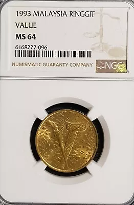 NGC MS64 1991 MALAYSIA Ringgit Proof Like Coin RARE(+FREE1 Coin) #25229 • $41