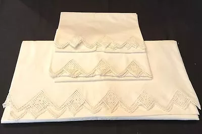 VTG Full Flat Sheet 2 PIllowcases White Percale & Lace Crochet Edging 80  X 86  • $35.50