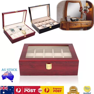 10 Grids Wooden Jewelry Watch Box Case Storage Organizer Glass Top Women Gift AU • $43.99