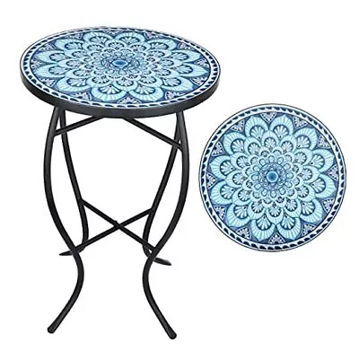  Outdoor Mosaic Side Table14'' Round Small Patio Bistro Accent Table Dark Blue • $80.74