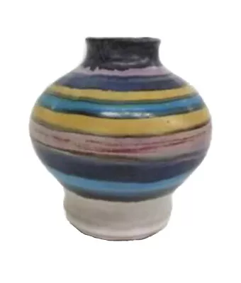 VTG Pacific Stoneware Signed B. Welsh 1971 Pottery Blues Mauve Striped Vase EUC • $25