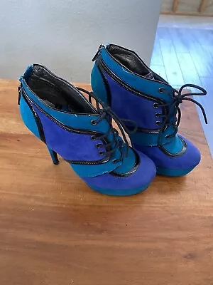 Womens Ankle Boots Booties Heeled Blue Platform Lace Up 7 Dollhouse Y2k Gothic • $25