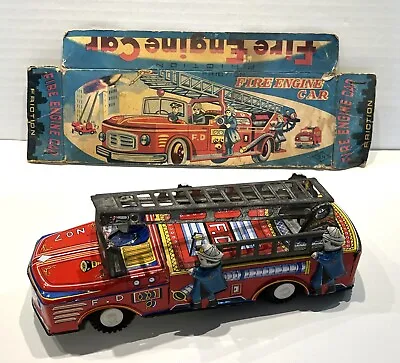 Vintage Fire Engine Friction Ladder Truck Tin Litho Toy Sn Japan Orig Box Top • $89.95