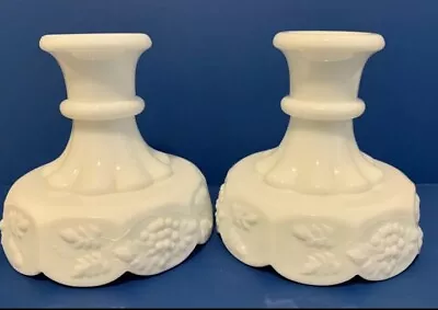 Vintage Pair Westmoreland Milk Glass Candle Holder Paneled Grape  Excellent • $16.99