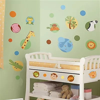 JUNGLE ANIMALS Polka Dots Wall Stickers 24 Decal Safari Circles Monkey Lion Frog • $9.99