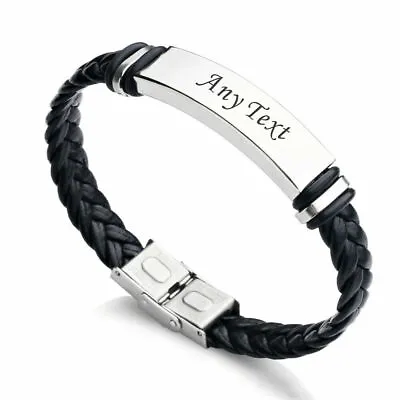 £3.98 • Buy Personalised Leather Stainless Steel Bracelet Gift For Mens Bracelet Custom Name