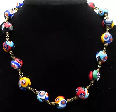 Vintage Colorful Venetian Glass Millefiori Bead Gold Tone Ladder Chain Necklace • $42.99