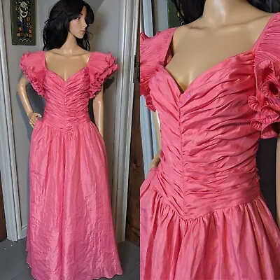 Vintage 80s John Charles Hot Ruffle Netted Ruched Maxi Gown Evening Dress 10 38 • £42.99