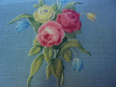 Cottage Shabby 1940 Cotton French Blue Gound Romantic Pink Roses Blue Bells BTY • $25