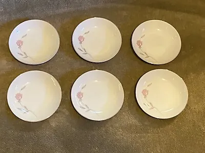 6 Mikasa Fine China *PRIMROSE* 5 3/4  Fruit Dessert Bowls Pink Rose Gray Leaves • $15