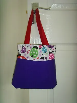  Handmade LINED TOTE CHILDS TOET BAG LADYBIRD PRINT PURPLE PVC 9.5ins (24cms) • £6.99