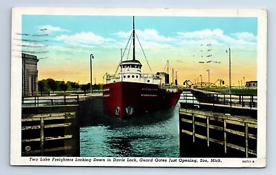 Sault Ste. Marie Michigan Soo Locks Davis Lock  Freighters Locking Postcard 1949 • $3.99