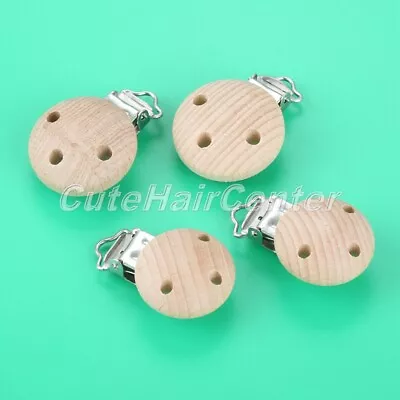 Natural Baby Pacifier Clips Beech Round Wood Metal Holders Teether Chain Holders • £3.59