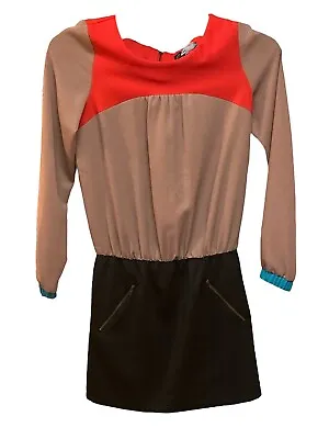 C Luce Dress Tan /black/red Zip Up Long Sleeve Mini Length Size Small • $10.80