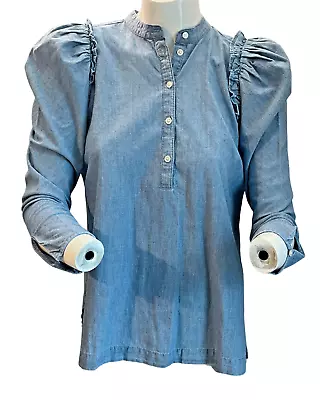 J Crew Denim Sz XXS Blouse Puff Sleeves W/Ruffle 1/2 Button Down Blue Chambray • $39.38