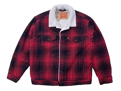 Levis Jeans Mens Relaxed Fit Black Red Buffalo Plaid Check Sherpa Trucker Jacket • $98