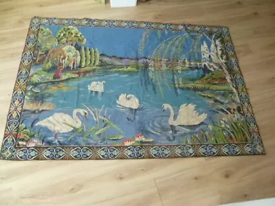 Large Vintage Velvet Tapestry Swans In Lake Wall Hanging 71 X 48 Floor Rug • $79