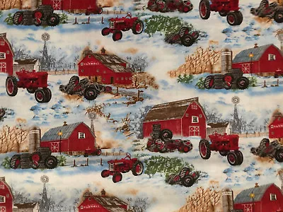 Vintage Tractors Farmall Winter Scenery Trees Barn Red Tractor Cotton Fabric FQ • $3.99