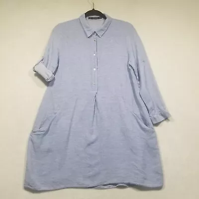 Zara Basics Large Blue Button Front Shirt Mini Dress Tunic Top Roll Tab Sleeve  • $14.99