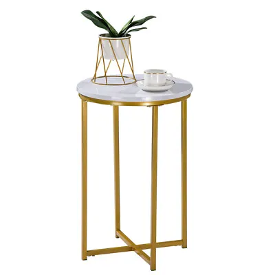 Gold Round Side Table Faux Marble Round End Table Modern Small Accent Home Decor • $49.59