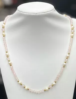 Vintage Estate 14K Yellow Gold Natural White Pearl And Rose Quartz Bead Necklace • $74.99