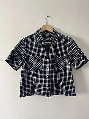 Jaeger Black & White Checked Cotton Cropped Shirt Blouse Size UK 12 • £14.99