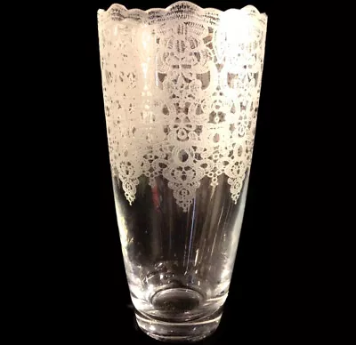 Etched Glass Vase Frosted Clear Vintage 9  Filigree Lace Pattern • $16.50