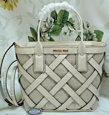 NWT MICHAEL KORS SIENNA SMALL Tote X-body BAG In LT. CREAM Leather MK Canvas  • $108.95