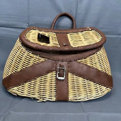 VTG Wicker And Leather Fly Fishing Trout Creel Basket Missing Strap+LATCH + RIPS • $44.94