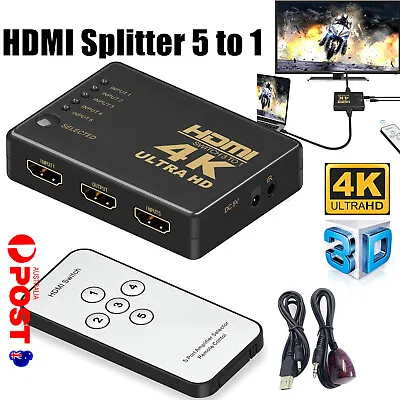 5 Port HDMI Splitter Switch Switcher Hub Box HDTV Ultra HD 4K 60Hz With Remote I • $8.99